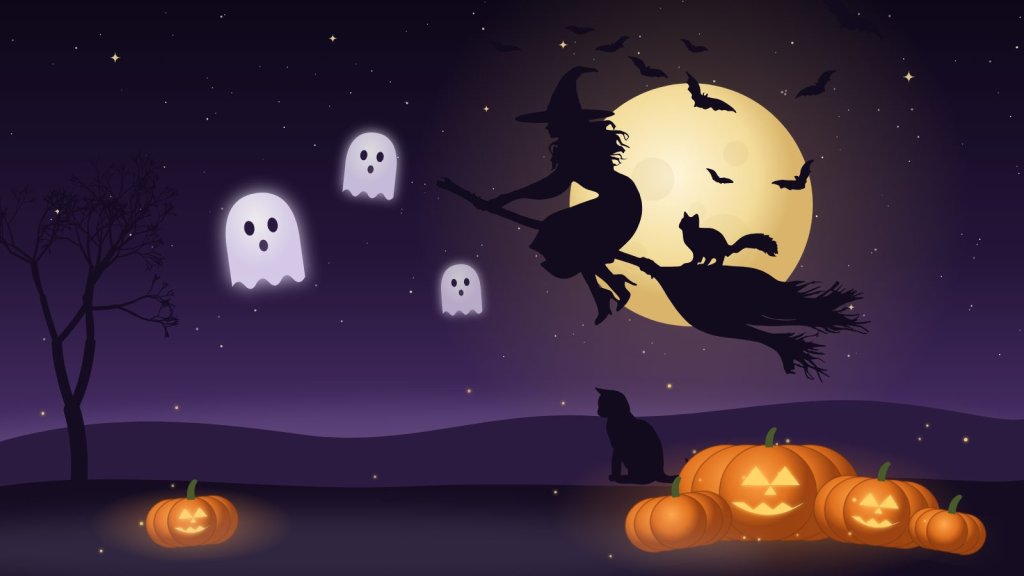 Illustration d’Halloween : une sorcière et son chat sur un balai devant la pleine lune, des fantômes, un chat noir et des citrouilles éclairées dans la nuit violette
